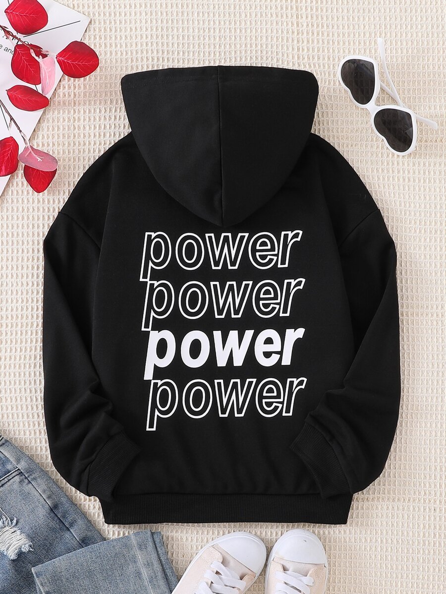 Girls Letter Graphic Hooded Sweatshirt - Black - View 1
