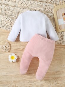 嬰兒女孩卡通刺繡3d耳朵設計睡t恤和睡腳褲 - 彩色 - 查看 2