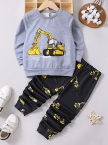 SHEIN Toddler Boys Excavator Print Pullover & Joggers - Multicolor - View 1