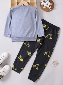 SHEIN Toddler Boys Excavator Print Pullover & Joggers - Multicolor - View 2