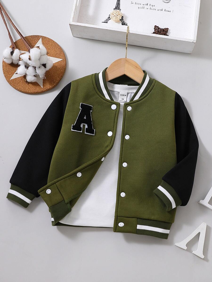 SHEIN 男孩 1件貼字補丁保暖校隊夾克 - 軍綠色 - View 1