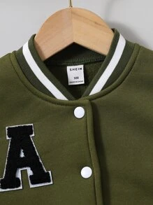 SHEIN 男孩 1件貼字補丁保暖校隊夾克 - 軍綠色 - View 3