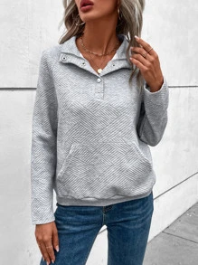 SHEIN LUNE Sudadera con bolsillo tipo canguro y cierre medio, de manga raglán, cuello regular, ajuste normal, para mujer, de uso casual en primavera/otoño, en color gris claro - Gris Claro - Ver 4