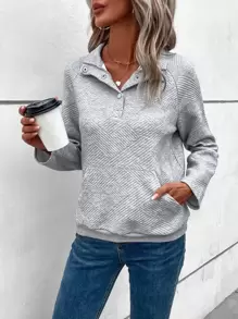 SHEIN LUNE Sudadera con bolsillo tipo canguro y cierre medio, de manga raglán, cuello regular, ajuste normal, para mujer, de uso casual en primavera/otoño, en color gris claro - Gris Claro - Ver 5