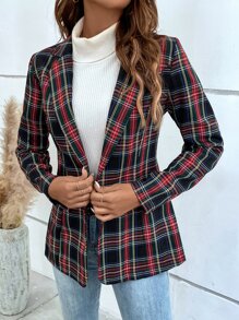 SHEIN LUNE Plaid Flap Detail Single Button Blazer - Multicolor - View 1