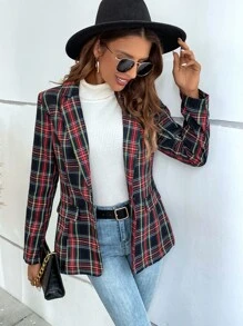 SHEIN LUNE Plaid Flap Detail Single Button Blazer - Multicolor - View 6