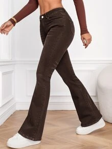 SHEIN Frenchy Slant Pocket Bootcut Leg Jeans - Coffee Brown - View 1