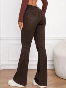 SHEIN Frenchy Slant Pocket Bootcut Leg Jeans - Coffee Brown - View 6