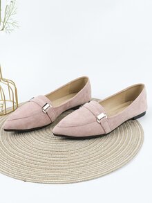 Metal Decor Point Toe Faux Suede Flat Loafers - Pink - View 1