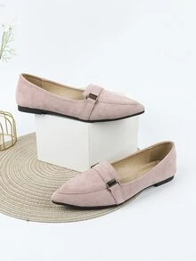 Metal Decor Point Toe Faux Suede Flat Loafers - Pink - View 2