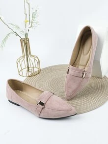 Metal Decor Point Toe Faux Suede Flat Loafers - Pink - View 3