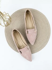 Metal Decor Point Toe Faux Suede Flat Loafers - Pink - View 4