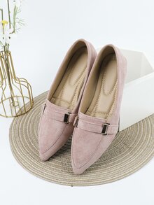 Metal Decor Point Toe Faux Suede Flat Loafers - Pink - View 5