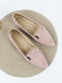 Metal Decor Point Toe Faux Suede Flat Loafers - Pink - View 6