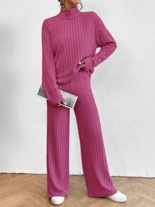 SHEIN Essnce High Neck Drop Shoulder Tee & Pants - Hot Pink - View 1