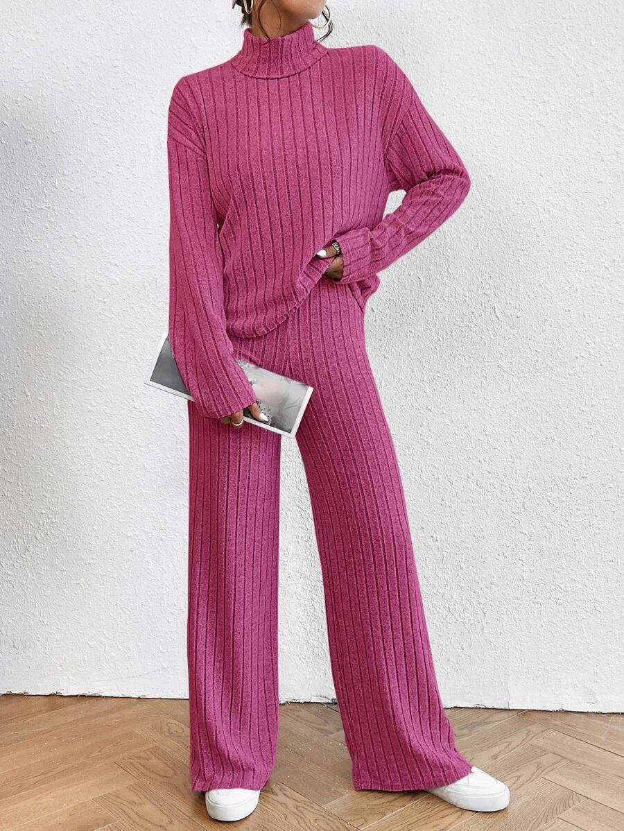 SHEIN Essnce High Neck Drop Shoulder Tee & Pants - Hot Pink - View 1