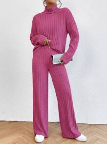 SHEIN Essnce High Neck Drop Shoulder Tee & Pants - Hot Pink - View 3