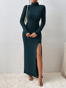 SHEIN Essnce 高領高衩連衣裙 - 水鴨藍 - 查看 1