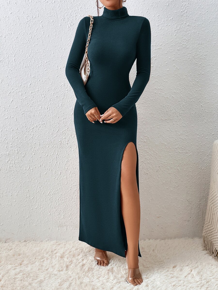 SHEIN Essnce 高領高衩連衣裙 - 水鴨藍 - 查看 1