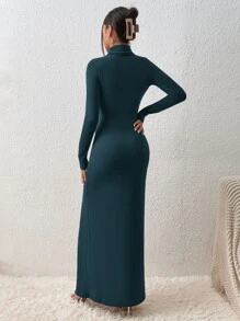 SHEIN Essnce 高領高衩連衣裙 - 水鴨藍 - 查看 2