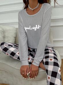 Conjunto de pijama con estampado de slogan y corazón - Gris Claro - Ver 1