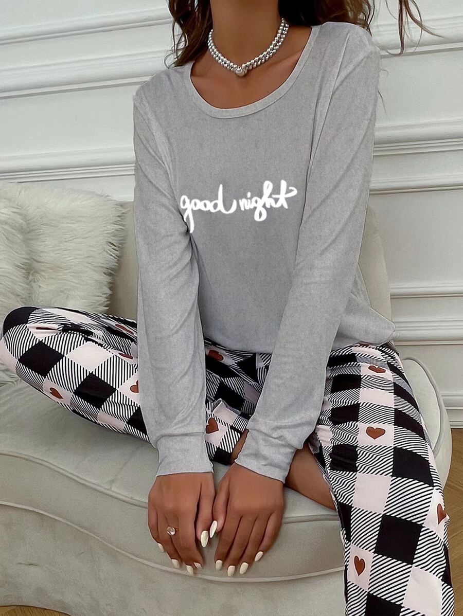 Conjunto de pijama con estampado de slogan y corazón - Gris Claro - Ver 1