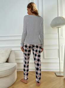 Conjunto de pijama con estampado de slogan y corazón - Gris Claro - Ver 2