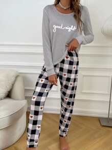 Conjunto de pijama con estampado de slogan y corazón - Gris Claro - Ver 6