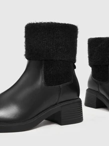 Fuzzy Panel Chunky Heeled Chelsea Boots - Black - View 5