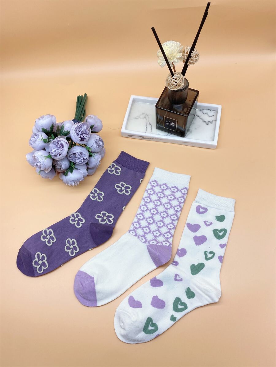 3 pares Calcetines de tripulación floral & con patrón de corazón - Multicolor - Ver 1