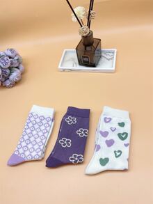 3 pares Calcetines de tripulación floral & con patrón de corazón - Multicolor - Ver 3
