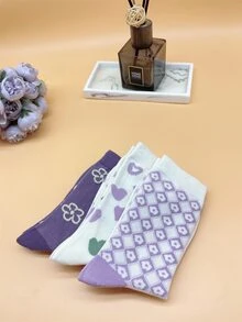 3 pares Calcetines de tripulación floral & con patrón de corazón - Multicolor - Ver 5