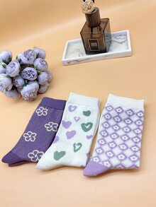 3 pares Calcetines de tripulación floral & con patrón de corazón - Multicolor - Ver 6