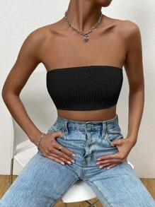 SHEIN EZwear Áo ống siêu ngắn màu trơn thường ngày dành cho nữ - màu đen - Xem 3