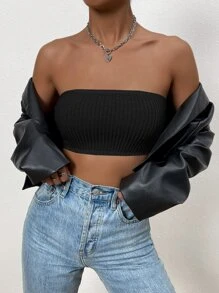 SHEIN EZwear Áo ống siêu ngắn màu trơn thường ngày dành cho nữ - màu đen - Xem 5