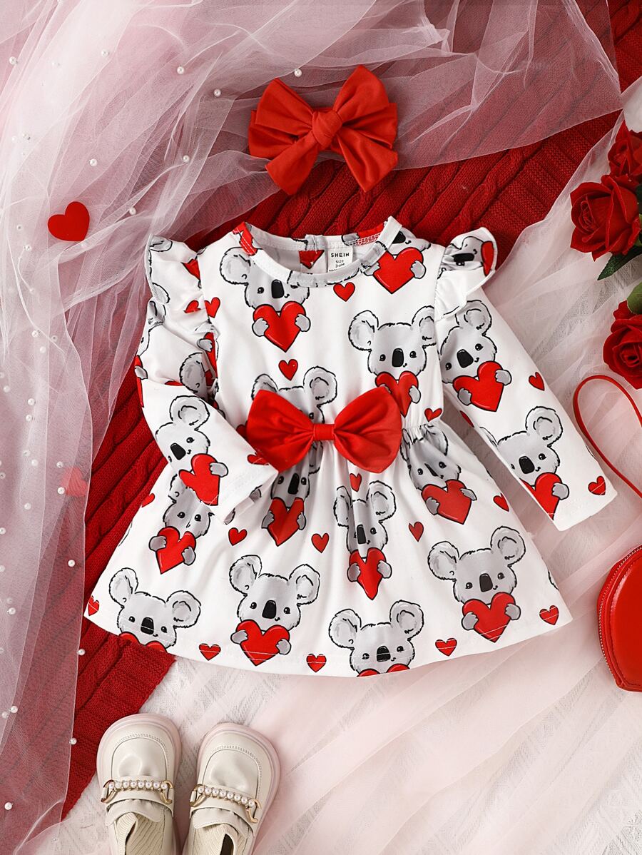 SHEIN Vestido Delantera Con Lazo Y Diadema Para Bebé Niña Con Estampado De Corazones Y Osos Y Adornos De Volantes - Multicolor - Ver 1
