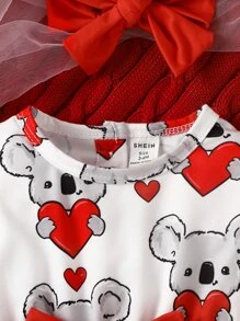 SHEIN Vestido Delantera Con Lazo Y Diadema Para Bebé Niña Con Estampado De Corazones Y Osos Y Adornos De Volantes - Multicolor - Ver 3