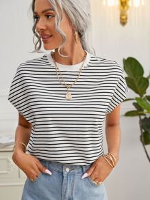 Cottnline Striped Batwing Sleeve Tee - Black and White - View 1