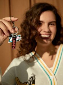 LOONEY TUNES X SHEIN Cartoon Cat & Letter Charm Keychain - Black - View 2