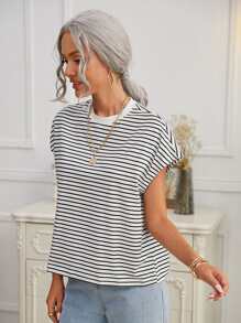 Cottnline Striped Batwing Sleeve Tee - Black and White - View 3