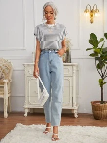 Cottnline Striped Batwing Sleeve Tee - Black and White - View 5