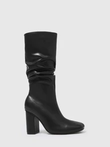 Zipper Side Chunky Heeled Slouchy Boots - Black - View 5