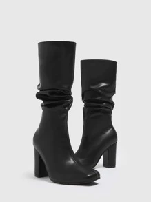 Zipper Side Chunky Heeled Slouchy Boots - Black - View 4