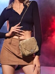 Mini Push Lock Fuzzy Chain Flap Square Bag - Brown - View 2