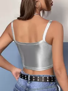 SHEIN ICON Metallic Solid Crop PU Leather Cami Top - Silver - View 2