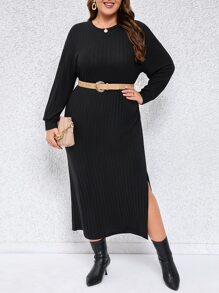 SHEIN Frenchy Vestido tejido de canalé de muslo con abertura sin cinturón - Negro - Ver 1