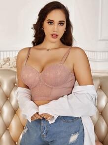 Plus Floral Embroidery Mesh Insert Underwire Bra With Detachable Strap - Apricot - View 4