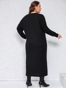 SHEIN Frenchy Vestido tejido de canalé de muslo con abertura sin cinturón - Negro - Ver 2