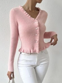 EMERY ROSE Frill Trim Button Front Fuzzy Cardigan Fall Winter Cloth For Women - Baby Pink - View 5