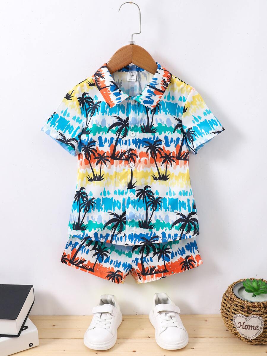 SHEIN 小男童椰子樹和字母圖案襯衫和短褲